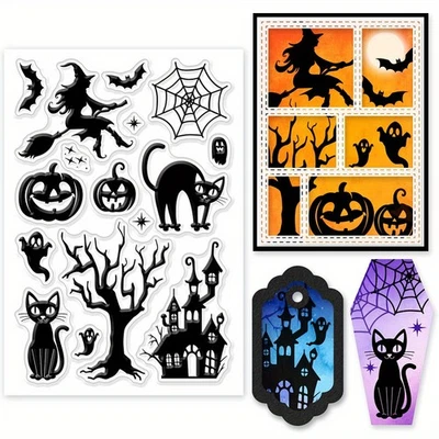 Estampillas de silicona transparente silueta de Halloween de 1 hoja para hacer tarjetas bruja negras Foto 1 de 4