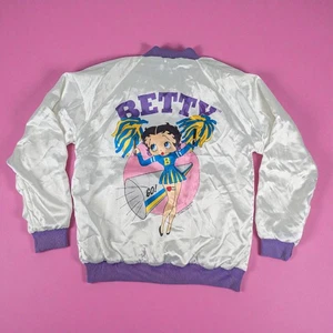 Vintage Betty Boop Bomber Jacket Girls Size 11 Satin Varsity Cheerleader Purple - Picture 1 of 9