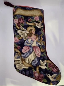 Vintage Needlepoint Christmas Stocking Angel Doves Burgandy Velvet 17” - Picture 1 of 6