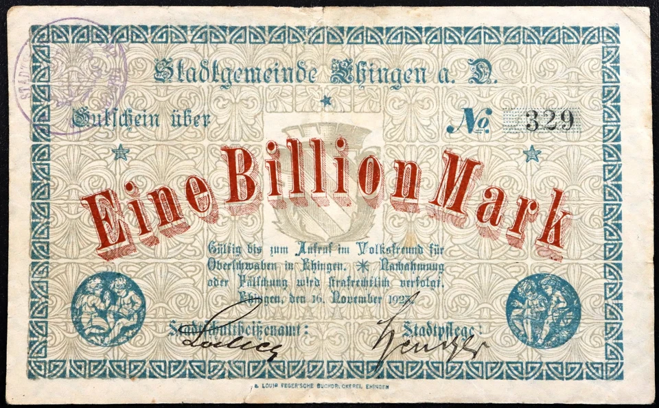 ESSLINGEN 1923 1 TRILLION MARK! Inflation Notgeld Banknote Germany - Image 1 of 2