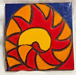 Abstract SUN - Hand Made & Painted Terra Cotta TILE Drink Coaster READ - Picture 1 of 8