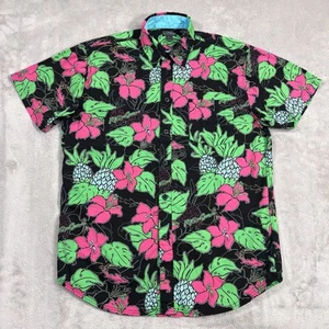 Maui & Sons Shirt Mens Medium Black Floral Neon Bright Button Up Short Sleeve - Picture 1 of 9