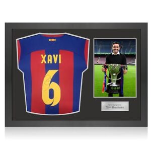 Xavi Hernandez Signed Barcelona 2023-24 Soccer Jersey. Icon Frame: Manager