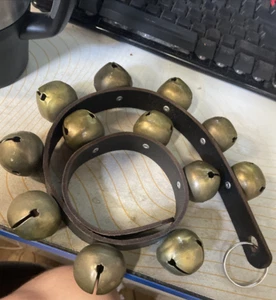 Vintage Copper Sleigh Bells Black Leather Strap 12 Bells - Picture 1 of 5