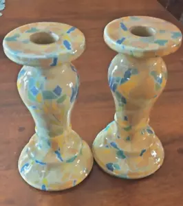 Ceramic Candlestick Holders pair 6 1/2" tall "mosaic pattern" - Picture 1 of 6
