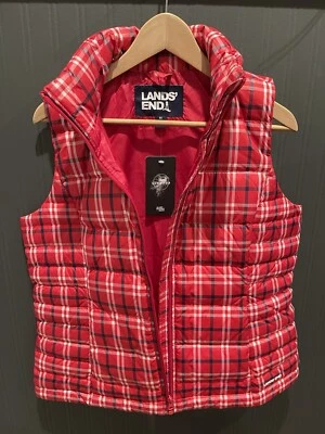 Lands End NEW Down Women’s Vest medium Casual Red Puffer Outerwear Preppy Plaid - Image 1 of 4