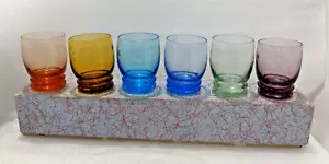 MT. Set Of 6 Mid Century Etched Multi Color Shot Glasses in Box 2" x 1.5" - Picture 1 of 12