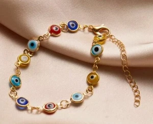 Evil Eye Bracelet Wrist Chain Multicolour Beads Women's Lucky Anklet Gold Plated - Picture 1 of 3