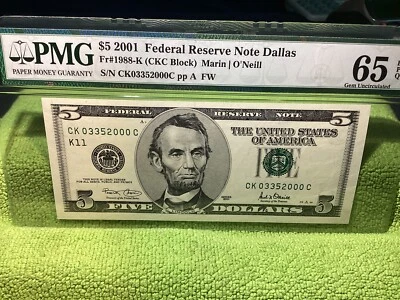 2001 SERIES $5 FEDERAL RESERVE NOTE DALLAS  PMG 65 GEM UNC - Image 1 of 4