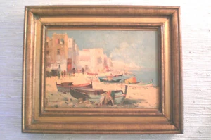 A. KAZARIAN Seacoast Oil Painting with BOATS Circa 1960 13" X16" Framed - Picture 1 of 7