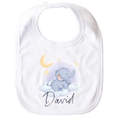 SPECIALME personalisiertes Baby Lätzchen mit Name und Elefant Wunschname Mond und Sterne