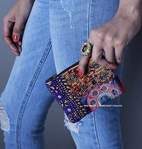 Borsa a mano indiana afghana zari ricamata borsetta donna porta carte portafoglio bohemien - Foto 1 di 4