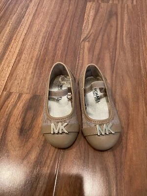 Michael Kors Lil Mica MK Logo Tan W/ Gold Logo Ballet Style Toddler Shoes Sz 5 - Image 1 of 4