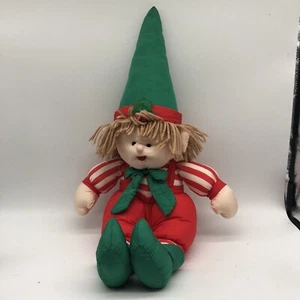 Vintage Nylon Elf With Yarn Hair Overalls And Striped Shirt 15 Pointy Green Hat - Foto 1 di 3