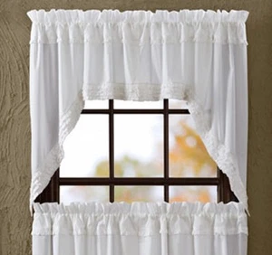 WHITE RUFFLED SHEER 2 PC SET SWAG VALANCE 36X36" UNLINED FABRIC 1" RUFFLES - Picture 1 of 1