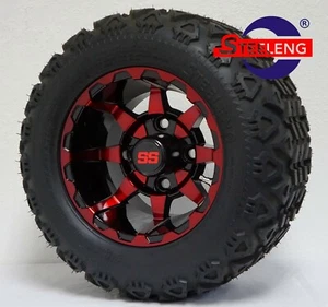 GOLF CART 10" RED-BLACK VORTEX WHEELS/RIMS and 18"x9"-10" DOT AT TIRES (4) - Picture 1 of 5