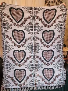 Vintage Tapestry Throw Hearts Flowers Blanket Cottagecore Farmhouse Country 90s - Picture 1 of 2