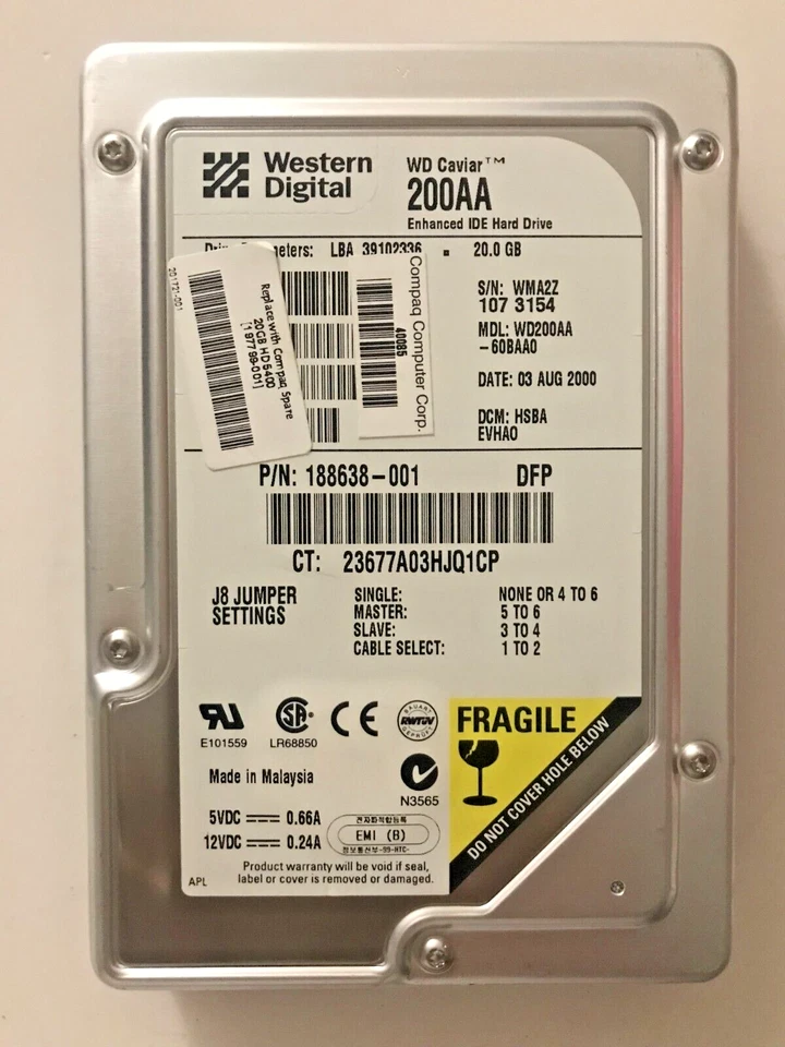 Western Digital Caviar 200AA 20GB Hard Drive WD200AA-60BAA0  P/N:188638-001 - Image 1 of 1