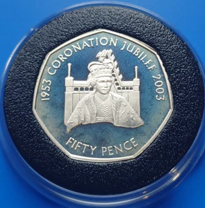 2003 Jersey 50p Silver Proof Fifty Pence Coin Coronation 50th Anniversary QEII - Picture 1 of 2