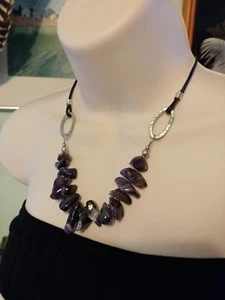 Vtg Amethyst Nugget Necklace Sterling Silver Sides Leather Adjustable USA 18-21" - Picture 1 of 8