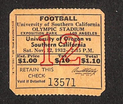 NOVEMBER 12, 1932  OREGON DUCKS @ USC TROJANS COLLEGE FOOTBALL TICKET STUB - Image 1 of 2