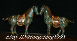 10" Antique Old Bronze Cloisonne Enamel Dynasty Animal Success Horse Statue Pair - Picture 1 of 9