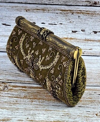 Moyna Couture Green Velvet Hand-Beaded Crystal Clutch Purse - Image 1 of 4