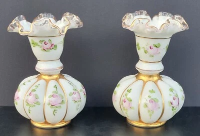 2 Fenton Silver Crest Charleton Melon Vases with Hand Painted Roses & Gold Trim - Image 1 of 4