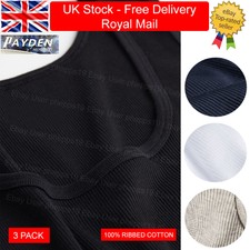 Ribbed Mens Vests Sleeveless 100% Cotton Summer Tank Top Gym Pack Plain 3 PACK