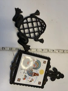 3 Rustic Vintage Cast Iron Trivets Frog Ceramic Sand Dollar Enamel Glass - Picture 1 of 23
