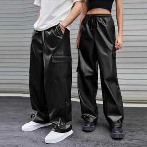 Men's PU Leather Loose Cargo Pants High Waist Straight Wide Leg Y2K Trousers - Picture 1 of 7