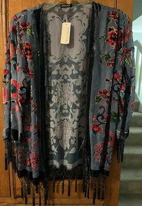 Jayley Collection Vintage Floral Silk Devore Jacket Beaded Tassels Velvet Trim - Picture 1 of 7