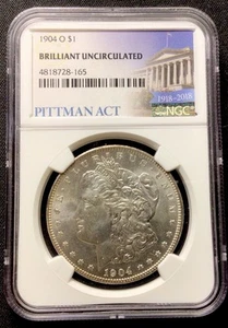 ¡Dólar de plata O Morgan 1904! ¡Etiqueta Pittman Act! NGC Brillaint ¡Sin circular! ENN - Imagen 1 de 2