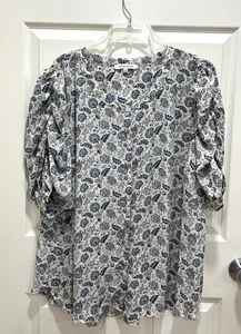 ROSE & OLIVE Top Women 3X White Blue Floral Puff Sleeve Ruched Button Up Peasant - Picture 1 of 8
