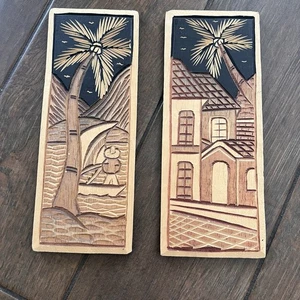 Lightweight Carved Wood Vintage Pair Landscape Wall Hangings 9" x 3.5" - Picture 1 of 4