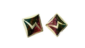 Vintage 80er Jahre Abstrakt Emaille Ohrclips Eckig Goldfarben Statement - Bild 1 von 2