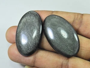 40-40MM AAA Silver Obsidian Oval Stone 2Pcs Cabochon Loose Gemstone 82Cts. r969 - Picture 1 of 9