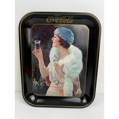 Vintage Coca Cola Tray Art Deco Woman Fur Scarf Glass Drink Advertising - BE - Image 1 of 4