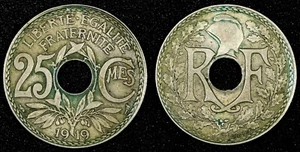 FRANCE Copper-Nickel 1919 25 Centimes No Dash KM# 867a  (27 015) - Picture 1 of 3