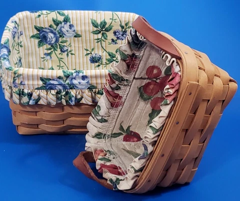 2 Vintage Signed LONGABERGER Baskets One with Leather Handles & Liner Nice Cover