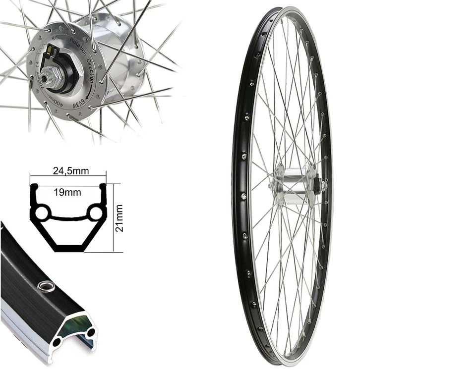 26 Zoll Aluminium Vorderrad Nabendynamo 19-559 silber Felgenbremse 6V 3 Watt - Bild 1 von 1