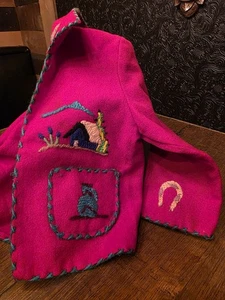 VTG 1940/50s Lopez Mexican Hand Embroidered Wool Jacket Red Folk Art - Picture 1 of 10