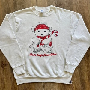 VTG Bear Hugs from Ohio Christmas Candy Cane Bear Double-Sided Sweatshirt Large - Picture 1 of 8