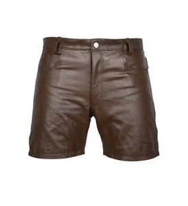 Pantalones Cortos de Cuero Marrón Para Hombre Informales 5 Bolsillos Cortos Cremallera Mosca Cuero Real Pantalones Cortos - Imagen 1 de 5