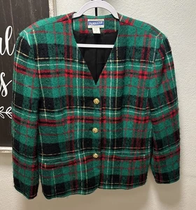 Vintage Pendleton Women’s Green & Red Plaid Wool Blazer Jacket Size 16 Made USA - Picture 1 of 6