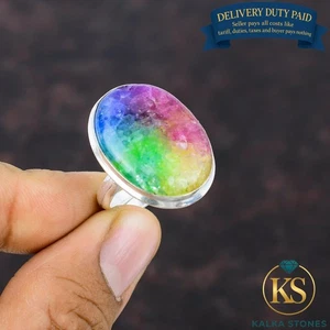 Valentinstag Angebot Regenbogen Solar Quarz Druzy Stein 925 Silber Neu Ring US alle Größen - Bild 1 von 6