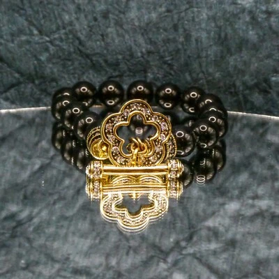 Heidi Daus Rhinestone Beaded Flower Toggle Bracelet Black Beaded 8" Stackable  - Image 1 of 4