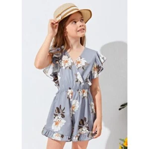 SHEIN Dusty Blue Floral V-Neck Ruffle Trim Short Sleeve Romper Girls Size 10Y - Picture 1 of 5