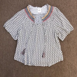 Knox Rose peasant boho top blouse Med blue floral embroidery tassel loose fit - Picture 1 of 6