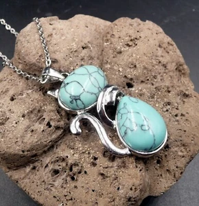 Collier argenté avec pendentif chat en Howlite turquoise du Brésil - Imagen 1 de 2